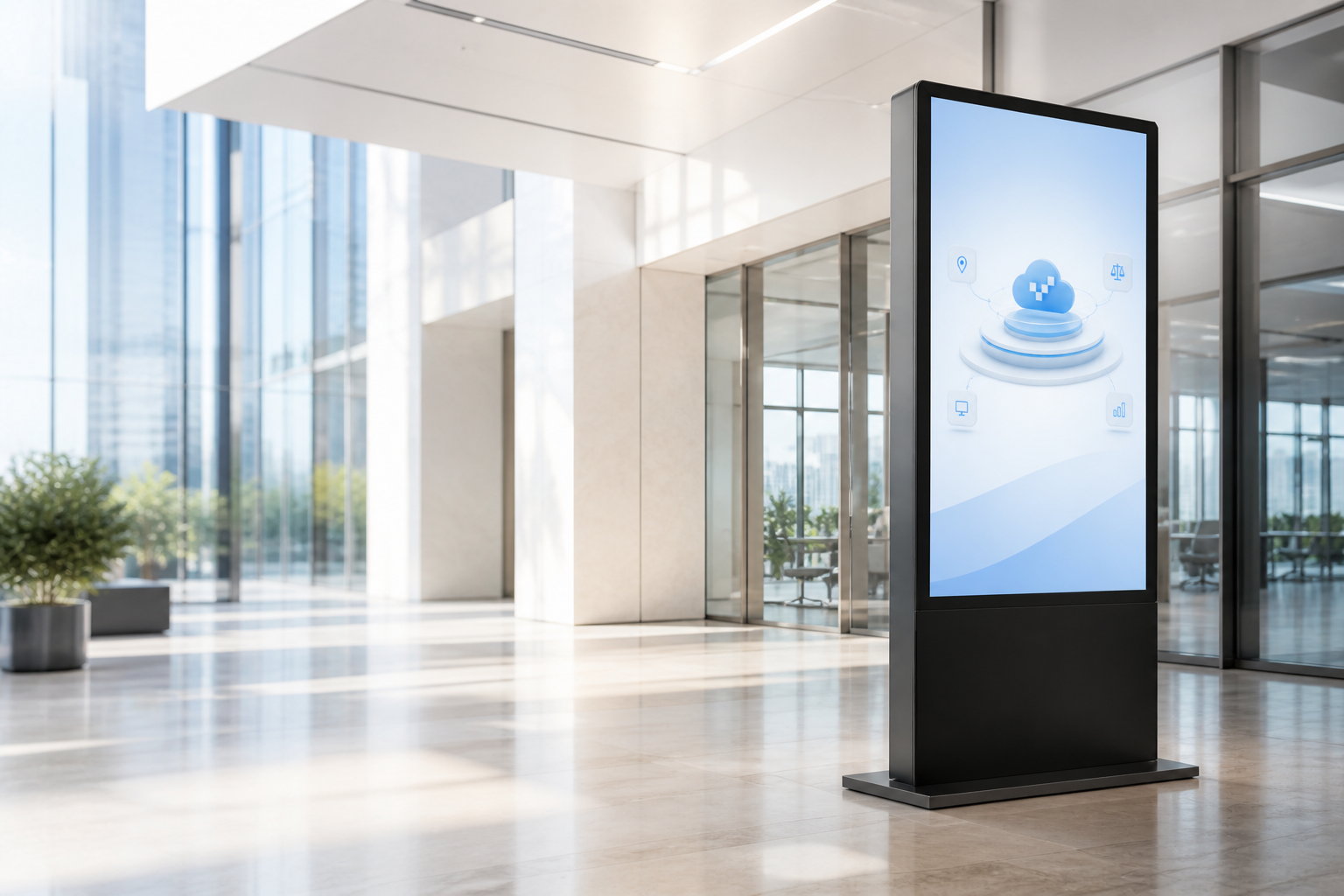 Pantalla digital vertical en lobby corporativo